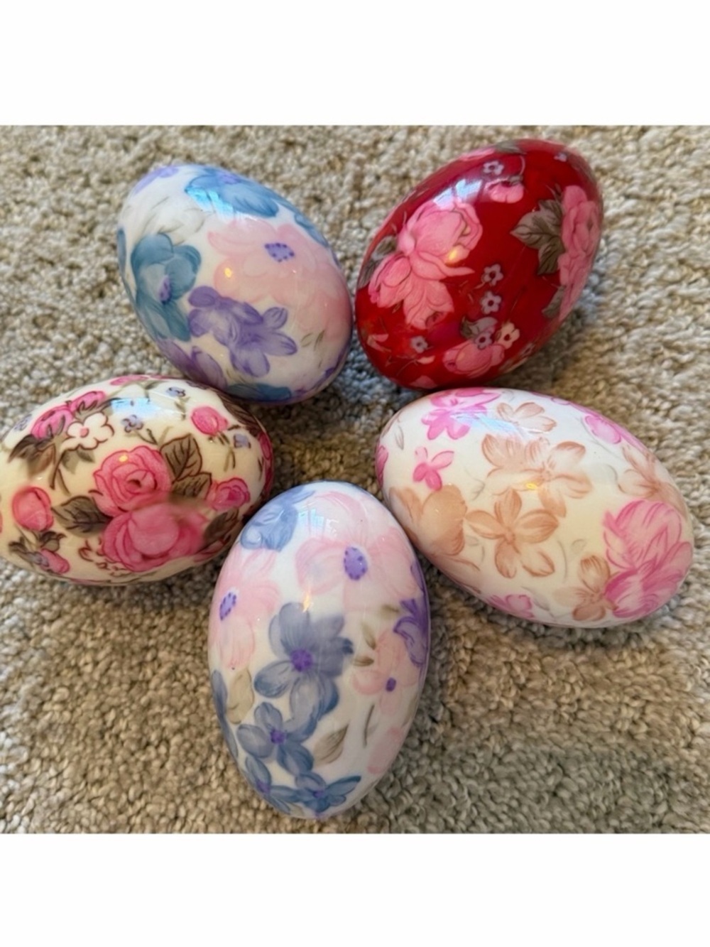 Vintage Floral Decorated Plastic Easter Eggs Fillable Pink Blue Burgundy Lot 5x